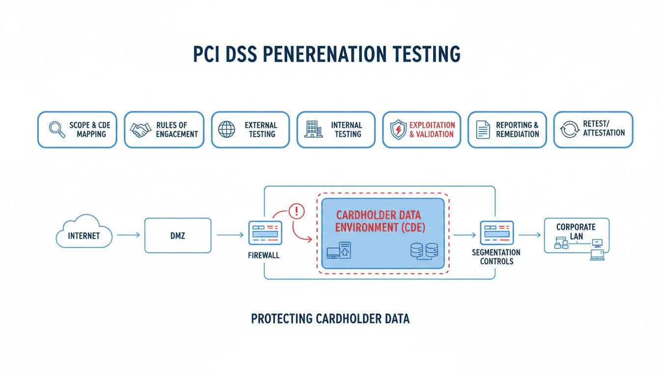 PCI DSS Penetration Testing 2 Clean professional infographic detailing the 8 key phases of PCI DSS penetration testing, from scope and CDE mapping to retest, with a simplified network diagram showing Internet, DMZ, LAN, and isolated CDE.