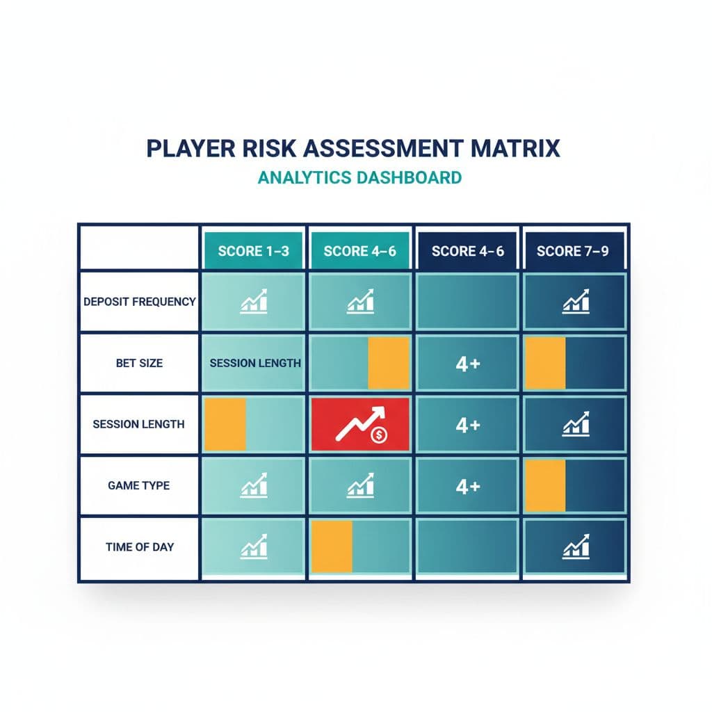 Simple Player Risk Scoring Model for Small iGaming Operators (With Example Matrices) 3 Zoomed-in illustration of a risk scoring matrix for player assessment, featuring a grid with risk drivers like deposit frequency, bet size, and session length, with high-risk cells highlighted in yellow and red.