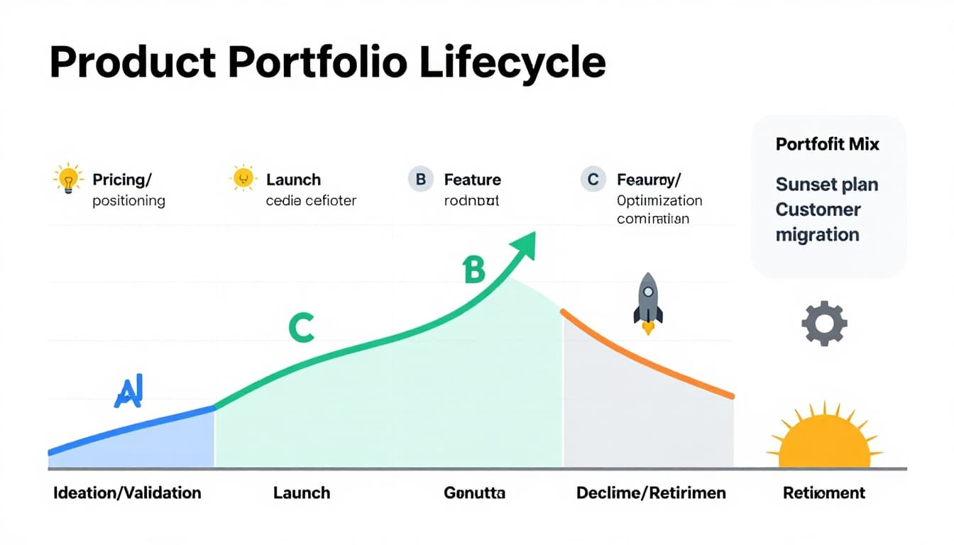 Product portfolio lifecycle infographic with multiple product curves across stages