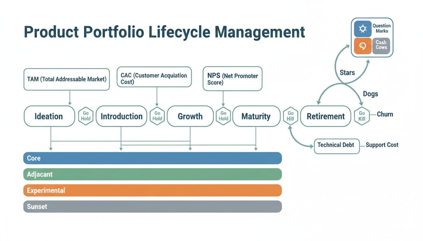 Product portfolio lifecycle timeline with decision gates and portfolio lanes