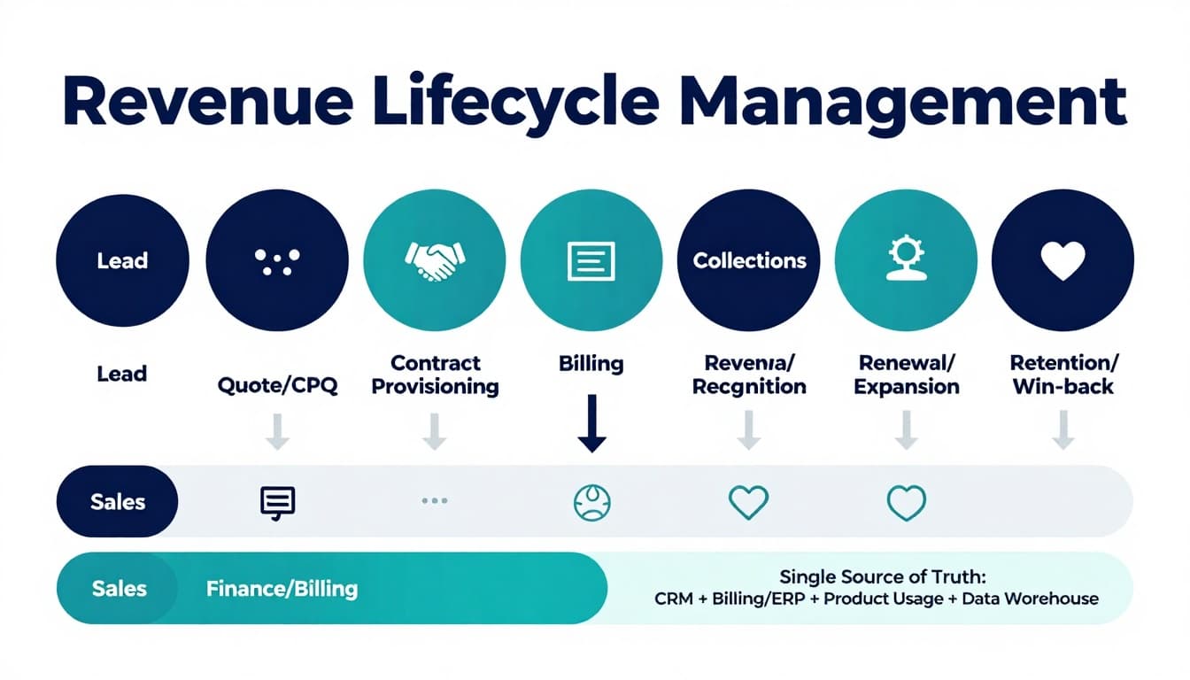 Revenue Lifecycle Management: Aligning Sales, Billing, and Retention 2 Revenue lifecycle management infographic showing 9 stages and swimlanes for Sales, Finance/Billing, and Customer Success/Retention