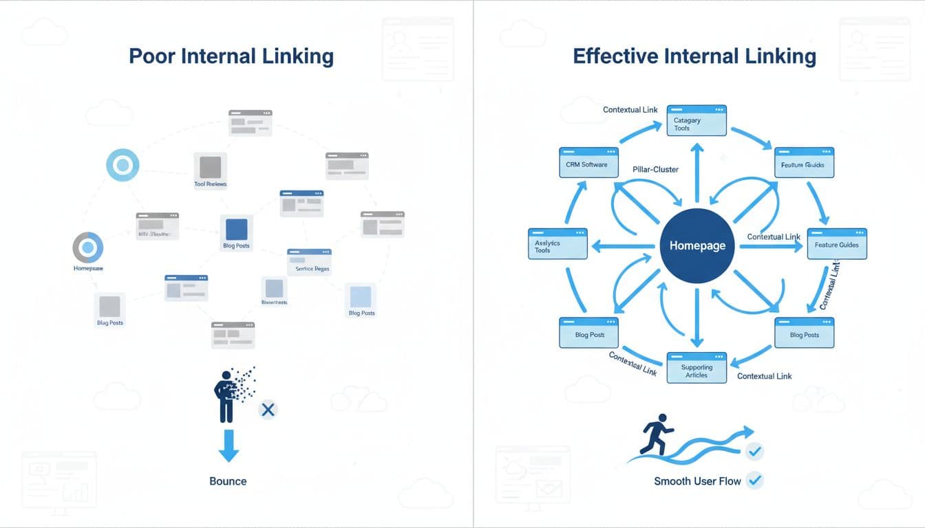 Split illustration of broken vs optimized internal linking on a SaaS website