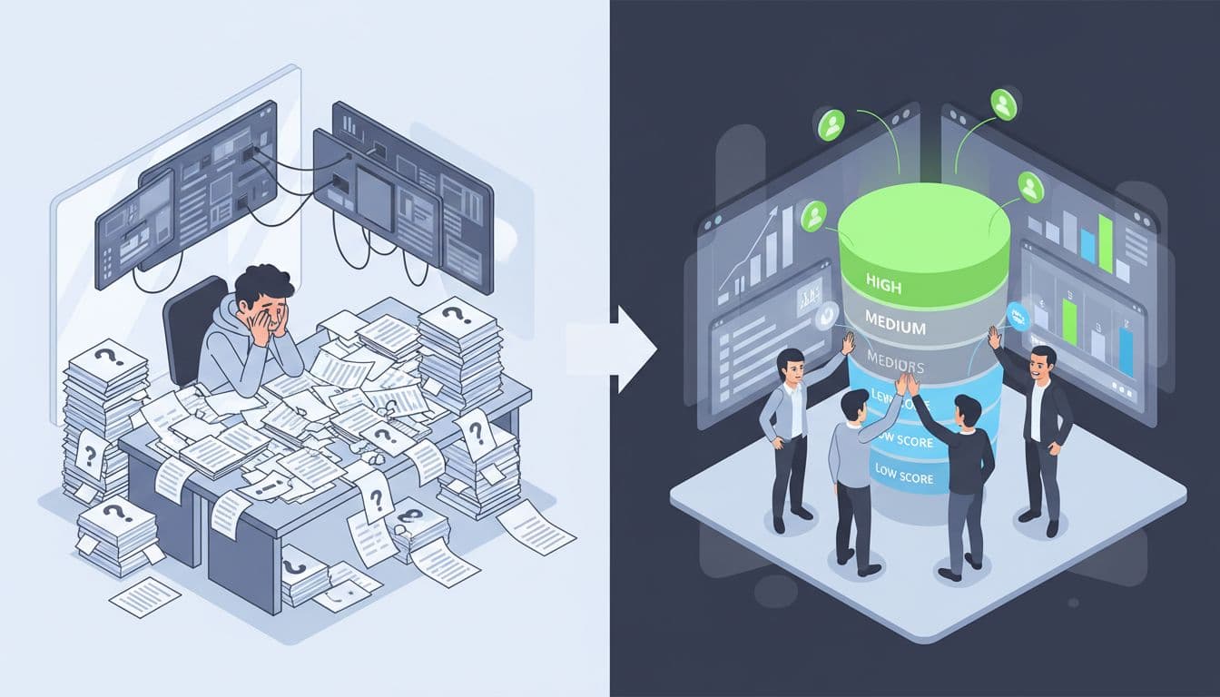 Stressed SaaS founder with messy lead lists contrasted with an organized predictive lead scoring dashboard and happy sales team