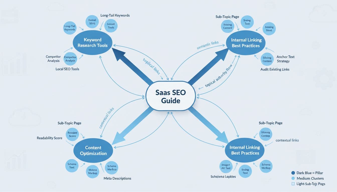 Diagram of a pillar-cluster internal linking model for a SaaS content site