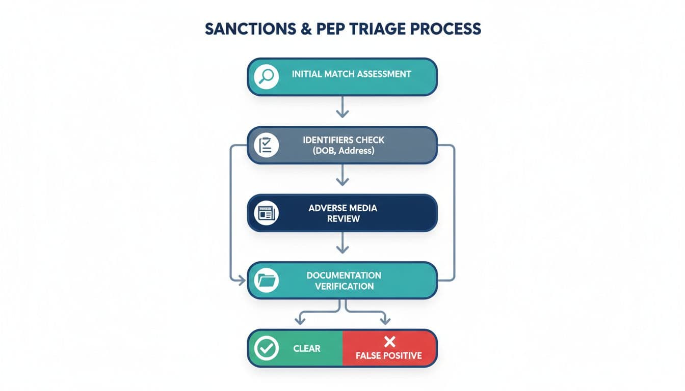 Infographic depicting a step-by-step decision flowchart for sanctions and PEP triage process, featuring initial match assessment, identifiers check, adverse media review, documentation verification, and final disposition with icons in a clean modern fintech design.