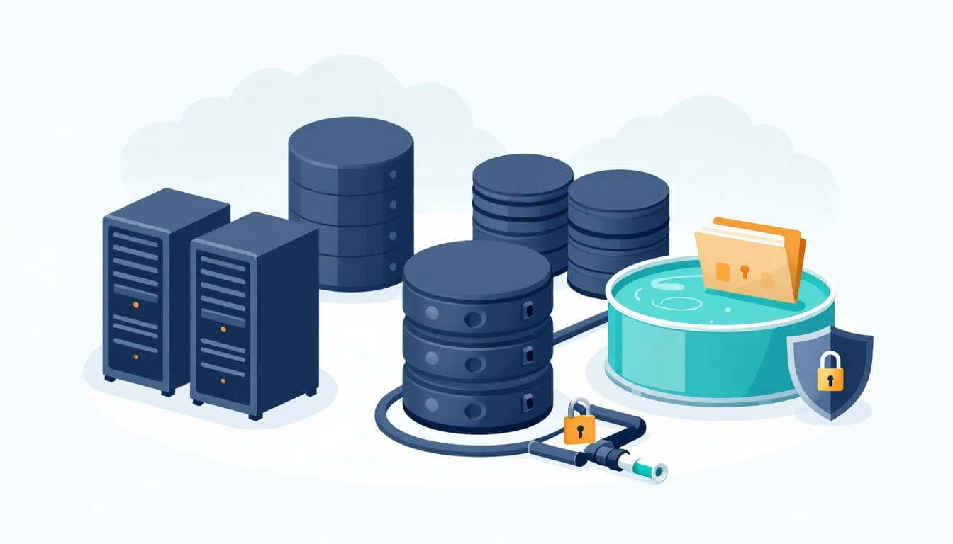 Clean modern landscape vector illustration of the data storage phase in a business context, featuring secure cloud servers, on-premise databases, data lakes as stacked cylinders and folders with locks and shields, and data flowing from pipelines.