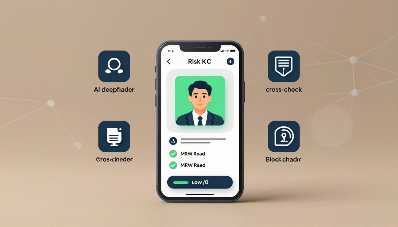 Document Fraud in KYC: A Detailed Guide 3 Modern flat vector illustration of a secure KYC verification process on a mobile app, preventing document fraud with liveness checks, AI detection, and security icons.
