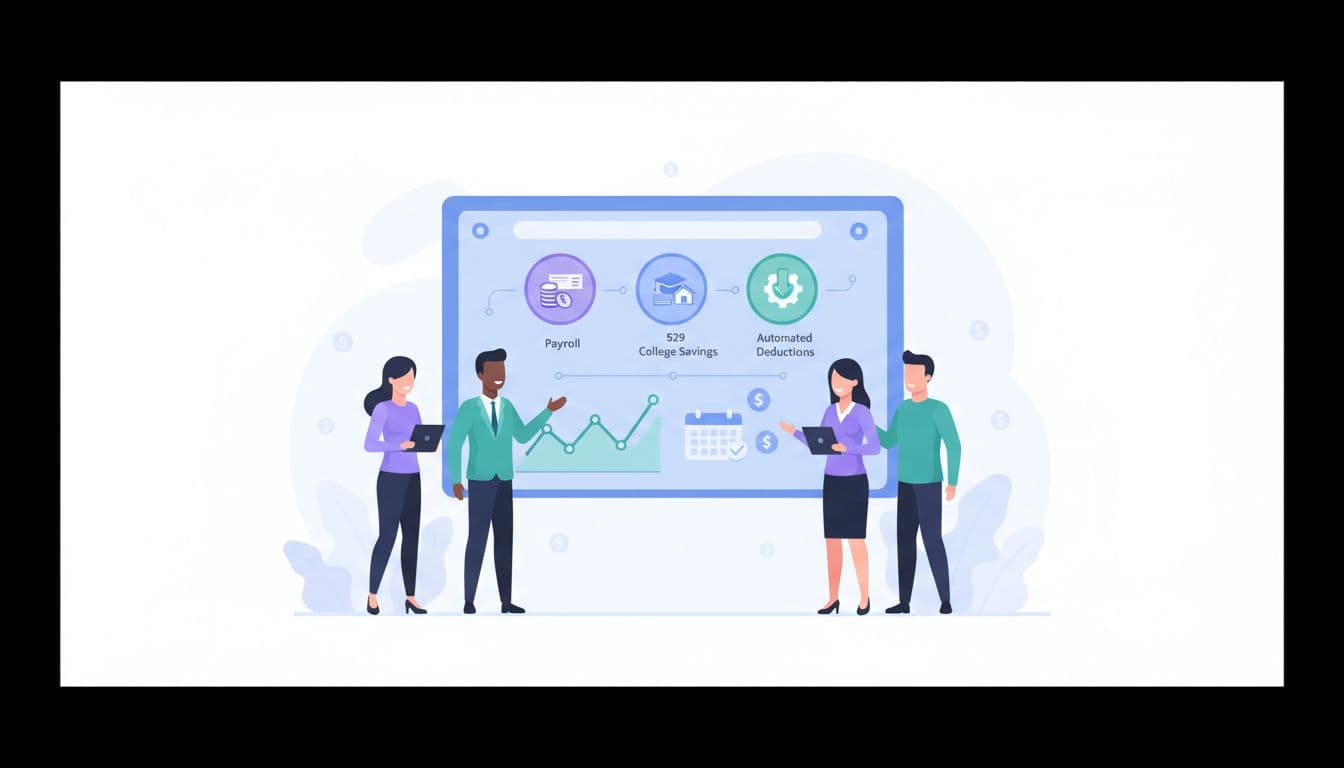 How To Set Up A 529 Payroll Deduction Program For A Small Business 2 A modern flat SaaS-style illustration of a diverse team in a small business office reviewing a digital dashboard on a large screen, featuring icons for payroll, 529 college savings, and automated deductions with subtle financial charts and calendars.