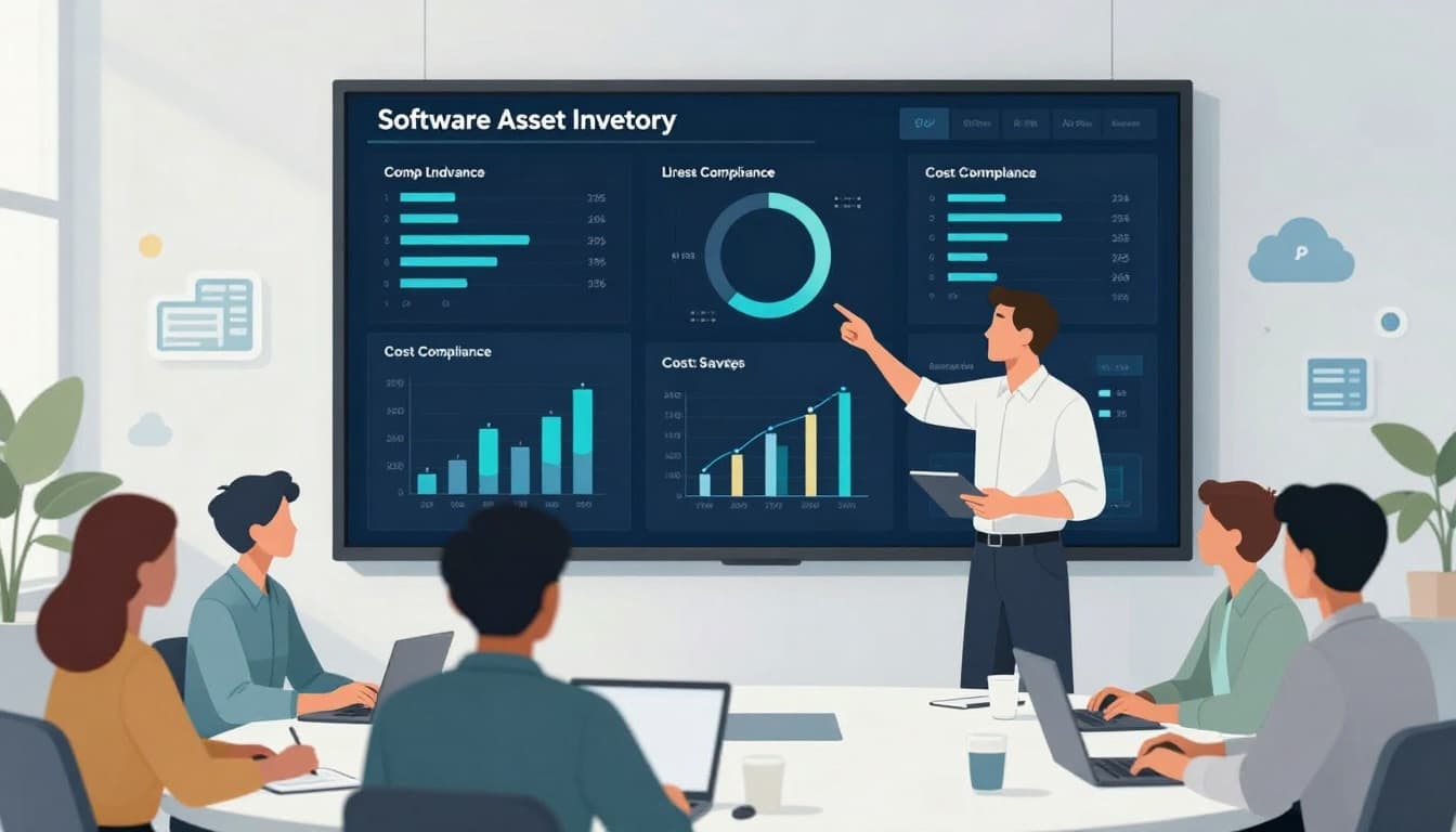 IT team reviewing software assets on a dashboard