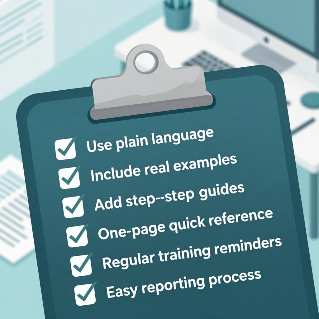 An isometric illustration of a clipboard with checkmarks for making AML policies staff-friendly, featuring plain language, real examples, step-by-step guides, quick reference, training reminders, and easy reporting, in a clean teal and white flat design on an office desk background.