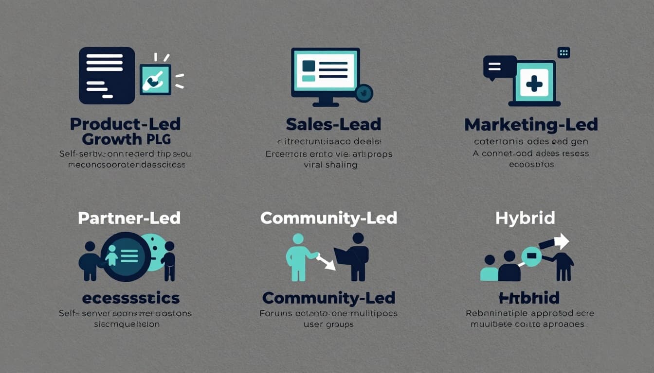 Clean modern vector infographic in landscape ratio comparing six startup GTM models: Product-Led Growth (PLG), Sales-Led, Marketing-Led, Partner-Led, Community-Led, and Hybrid. Grid or radial layout with icons, pros, cons, and descriptions using navy, teal, light gray palette on white background.