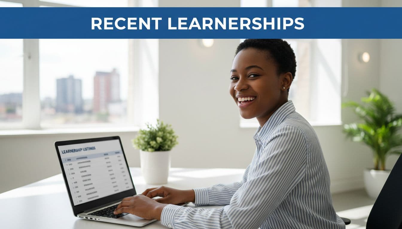 A young South African aged 18-25 smiles excitedly while checking recent 2026 learnership listings on a laptop in a bright modern office, under a bold blue header banner reading 'RECENT LEARNERSHIPS'. Realistic professional photo with clean composition and natural lighting.