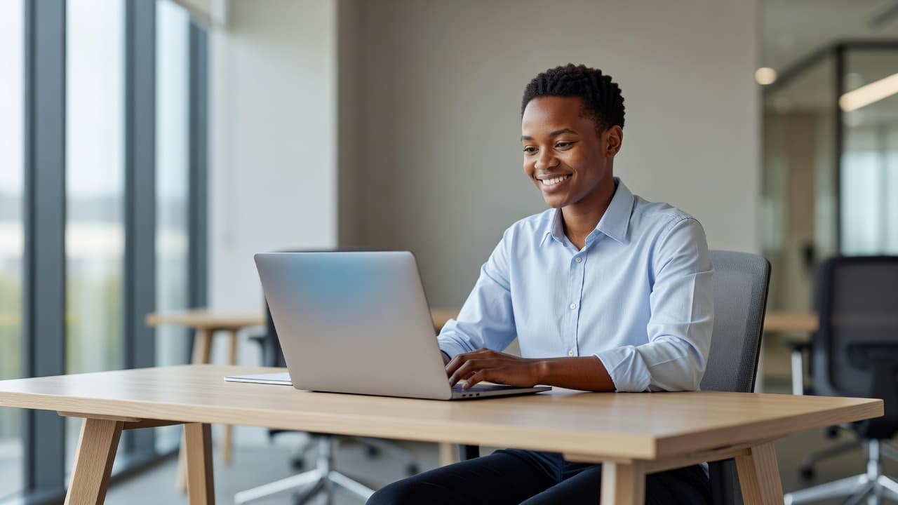 A smiling young person sits at a sleek desk within a brightly lit modern office. They focus on their laptop screen while working, framed by an open and professional workspace.