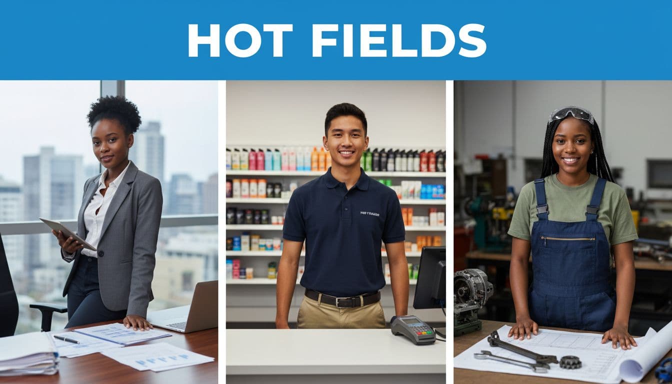 Collage of three diverse young South Africans aged 18-30 in finance office, retail counter, and engineering workshop settings with relaxed poses and 'HOT FIELDS' headline banner.