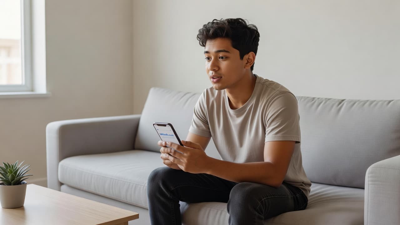 A focused young person sits on a comfortable sofa in a sunlit living room, viewing a smartphone screen with a hopeful expression. Soft daylight streams through a window, creating a serene atmosphere.