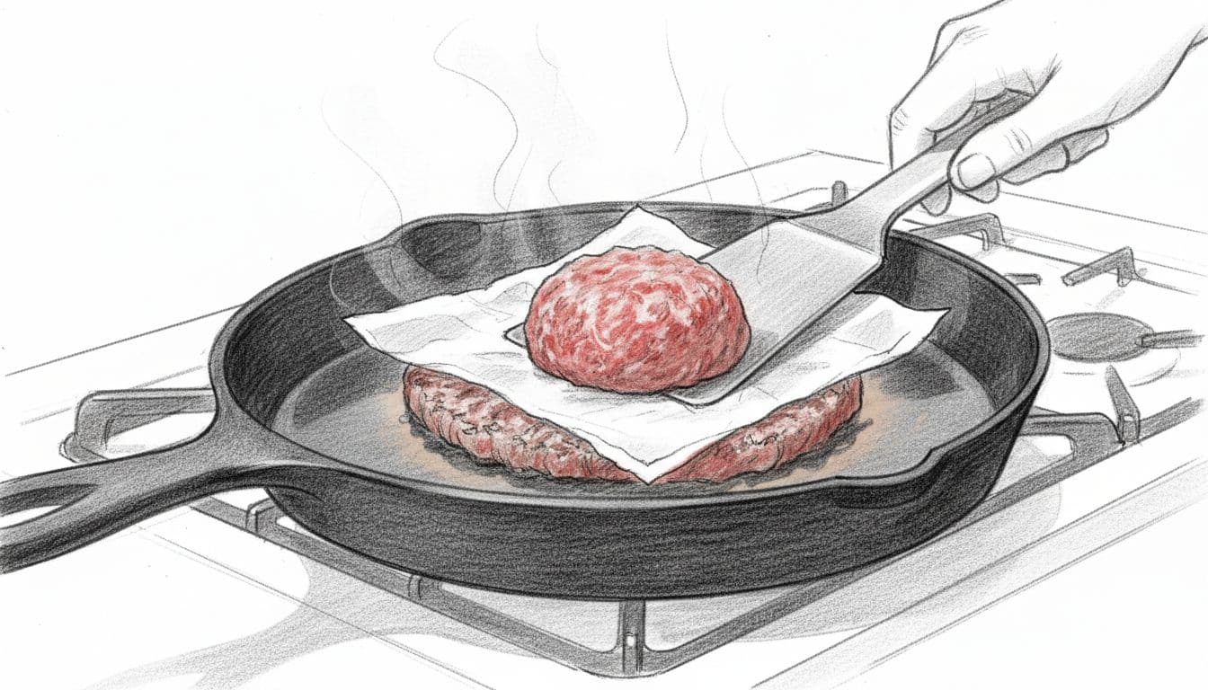 Graphite sketch of loose beef ball pressed thin with spatula on sizzling cast iron skillet, steam rising from crispy edges.