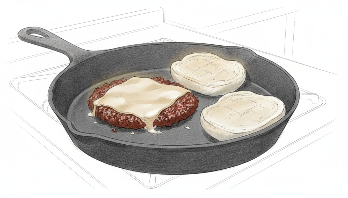 Graphite linework sketch of thin smash burger patty flipped on cast iron skillet, melting cheese on top, buns toasting on side.