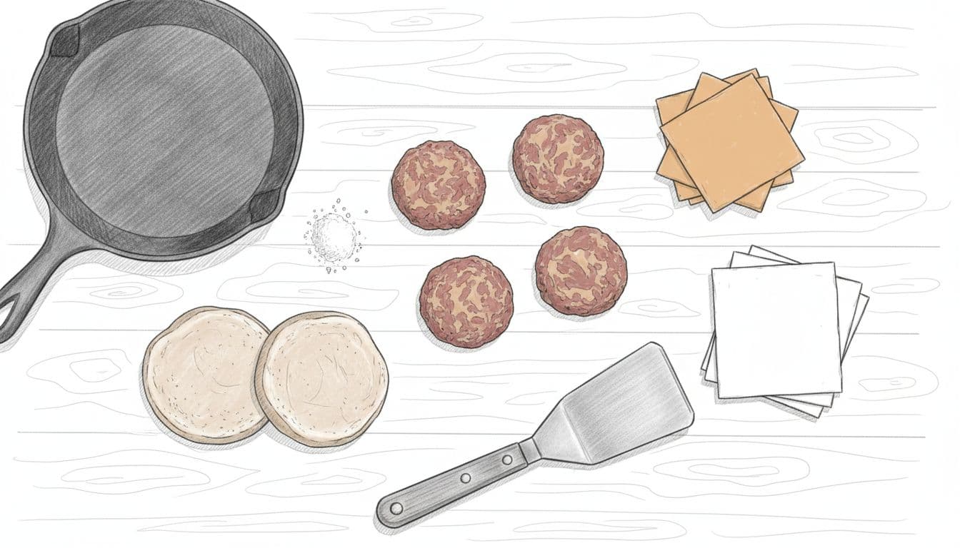 Top-down graphite sketch of beef balls, buns, cheese slices, seasonings, parchment, spatula, and skillet on wooden counter.