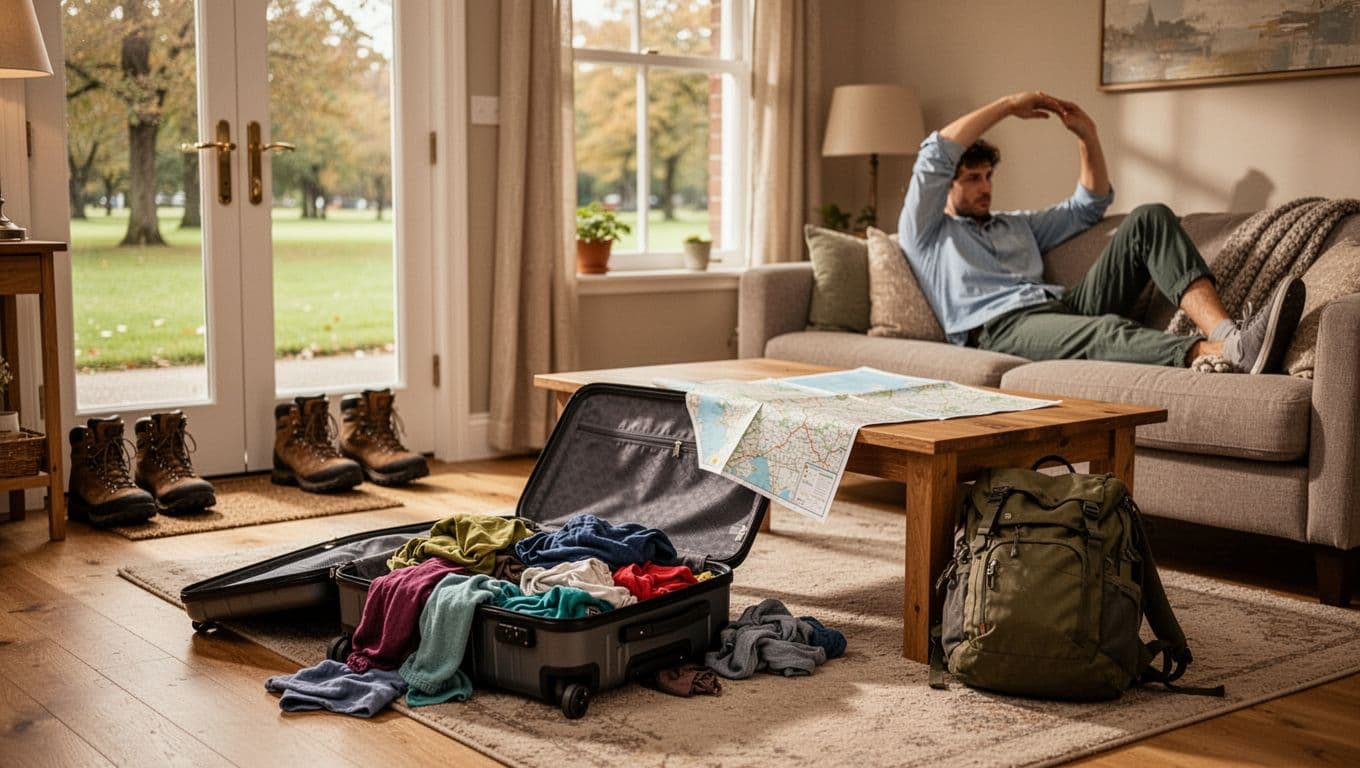 A relaxed living room scene capturing the return from a road trip, with an open suitcase spilling clothes, backpack, hiking boots by the door, map on the coffee table, and soft natural light from a park-view window, featuring one person stretching on the couch.