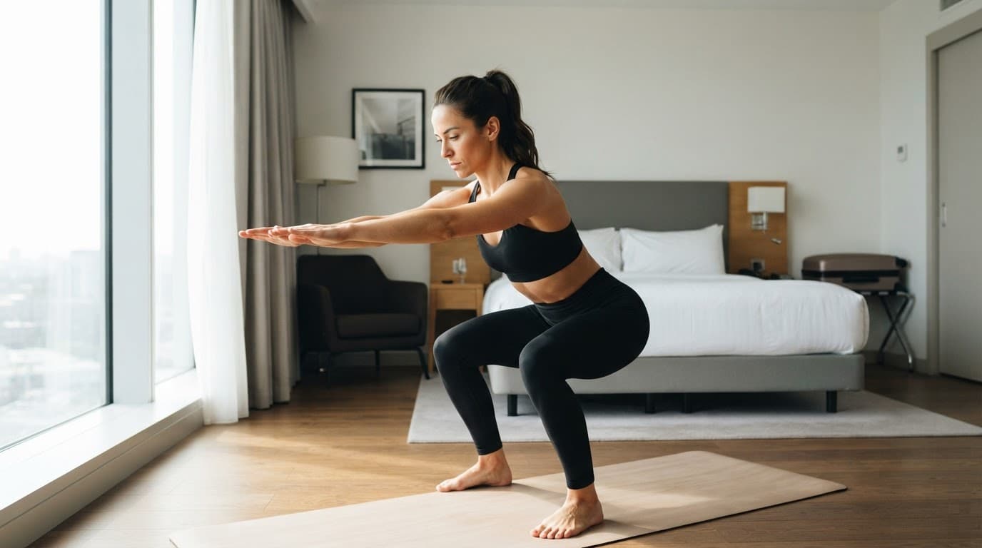 A traveler does bodyweight squats in a bright modern hotel room.