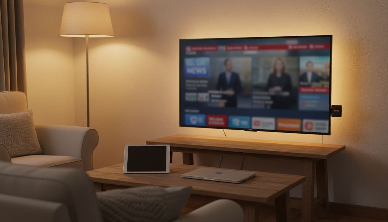Cozy living room corner with wall-mounted smart TV showing blurred broadcast, Fire TV Stick in HDMI port, Android tablet and laptop on coffee table under warm lighting. Realistic photo style with no people, text, logos, extra devices, or visible cables.