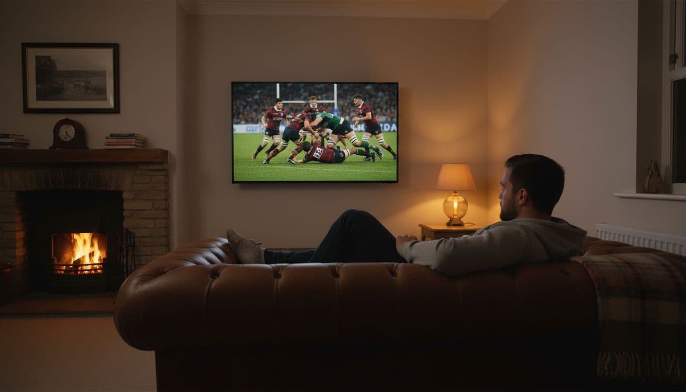 A relaxed person on a leather sofa in a cozy UK living room at night watches an intense rugby tackle unfolding smoothly on a large wall-mounted smart TV, illuminated by soft lamp and fireplace glow.
