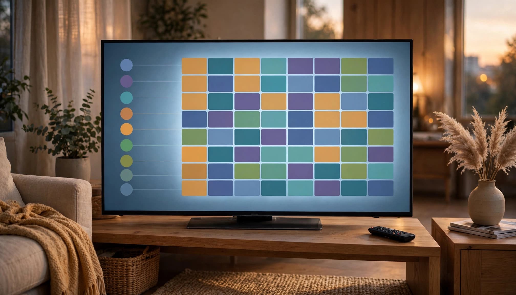 A television shows a colorful IPTV schedule grid in a cozy living room.