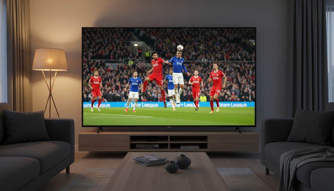 A large TV screen fills most of a modern UK living room, broadcasting an exciting live Premier League football match featuring players in action on the pitch and a vibrant stadium crowd. Warm ambient lighting from a lamp creates a cozy, high-energy atmosphere in photorealistic style with no people or additional devices present.