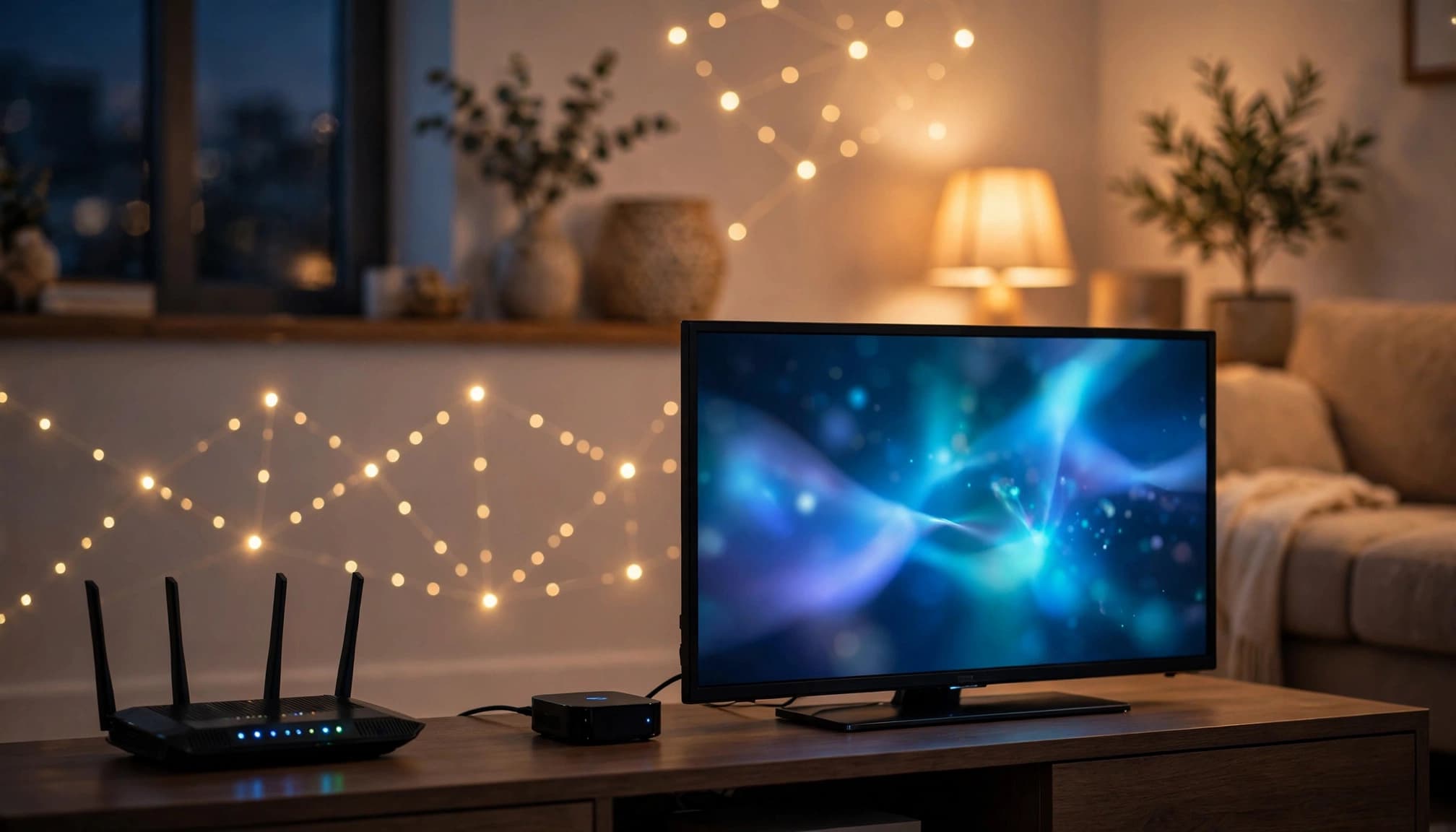 A TV, streaming device, and Wi-Fi router in a warmly lit living room.