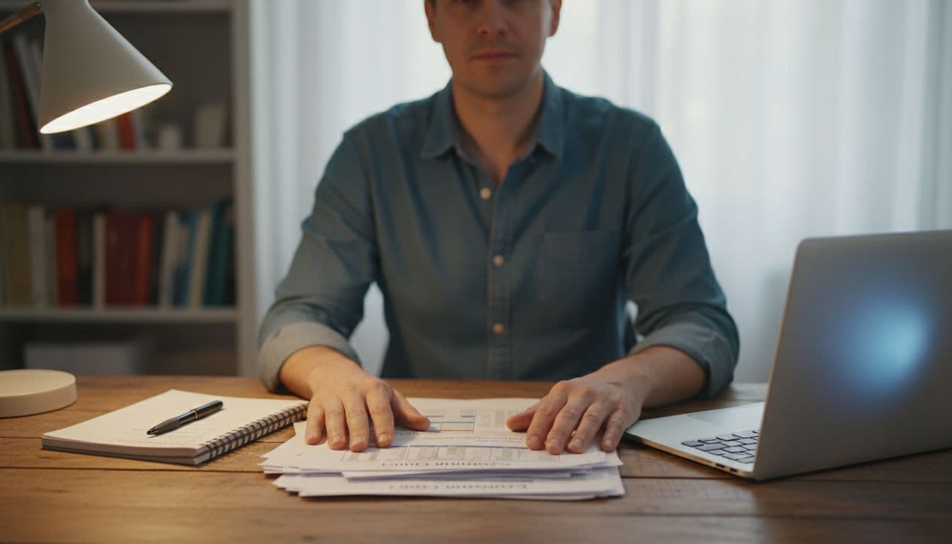 Person seated at wooden desk in home office reviewing papers with channel lists, blurred laptop screen, notepad and pen nearby, soft desk lamp lighting, realistic photo.