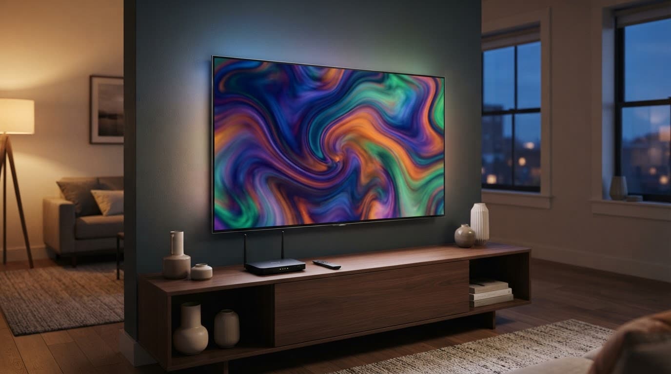 CODE IPTV Smart TV showing colorful streaming visuals with a remote and router nearby.