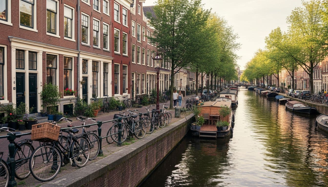 amsterdam jordaan canal street bicycles houseboats couple 30e79e0f A peaceful Amsterdam Jordaan neighborhood street lined with bicycles along brick houses and houseboats on the canal, featuring one couple walking hand in hand in the distance under soft daylight.