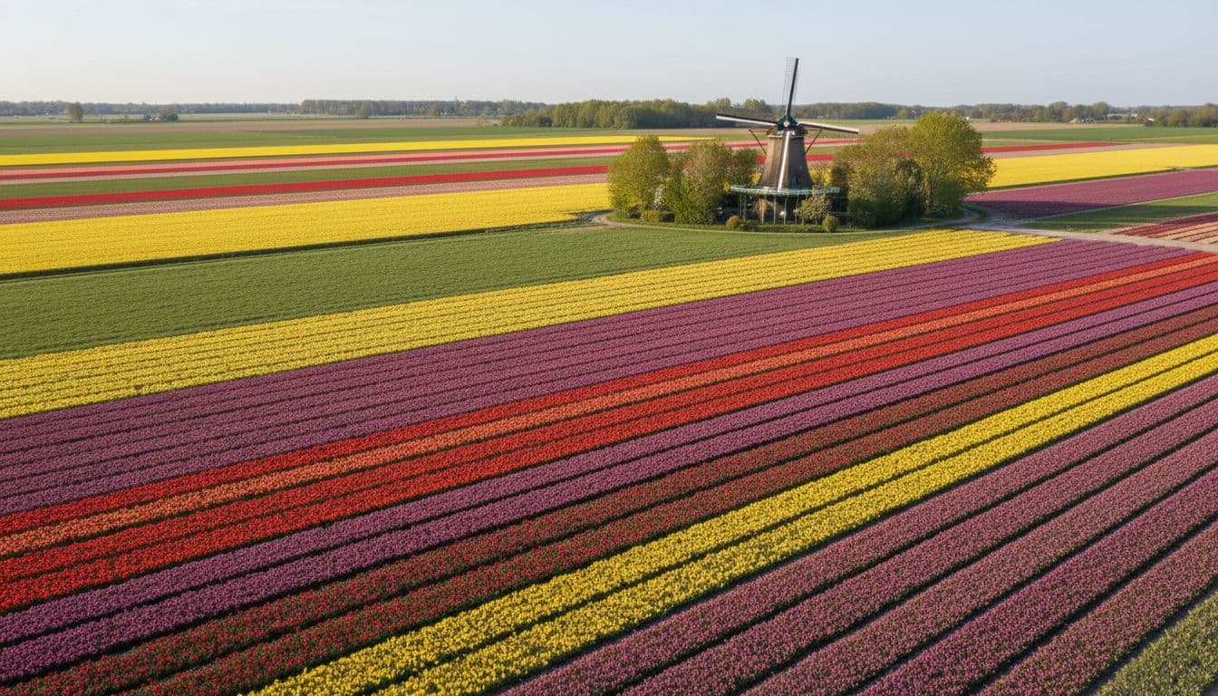 For Netherlands Travel Guide - Vibrant tulip fields in bloom near Keukenhof feature colorful rows of red, yellow, and purple flowers stretching to the horizon, with a single windmill in the background on a sunny spring day, captured in an aerial wide view.