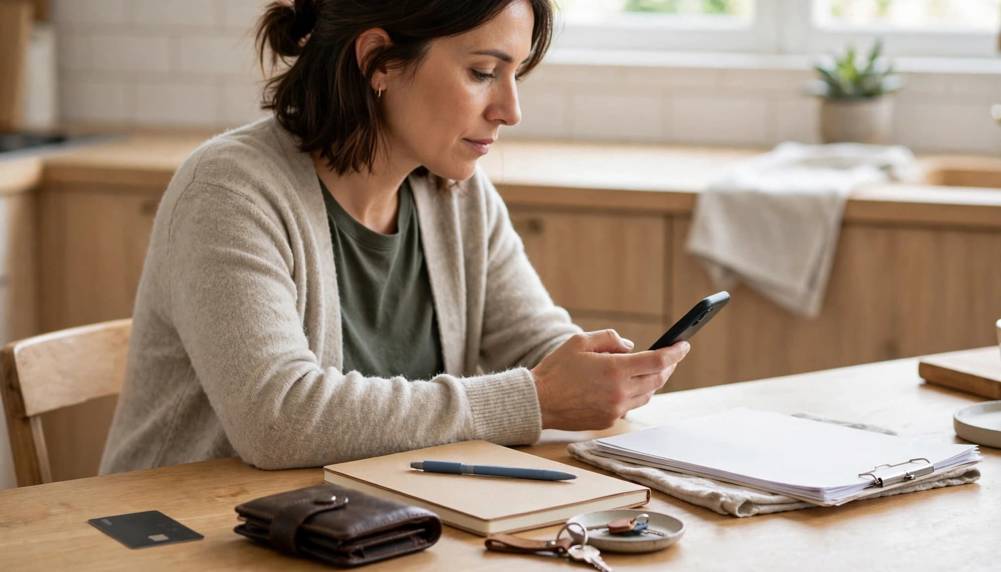An adult checks a phone beside documents, a bank card, notebook, and locked wallet.