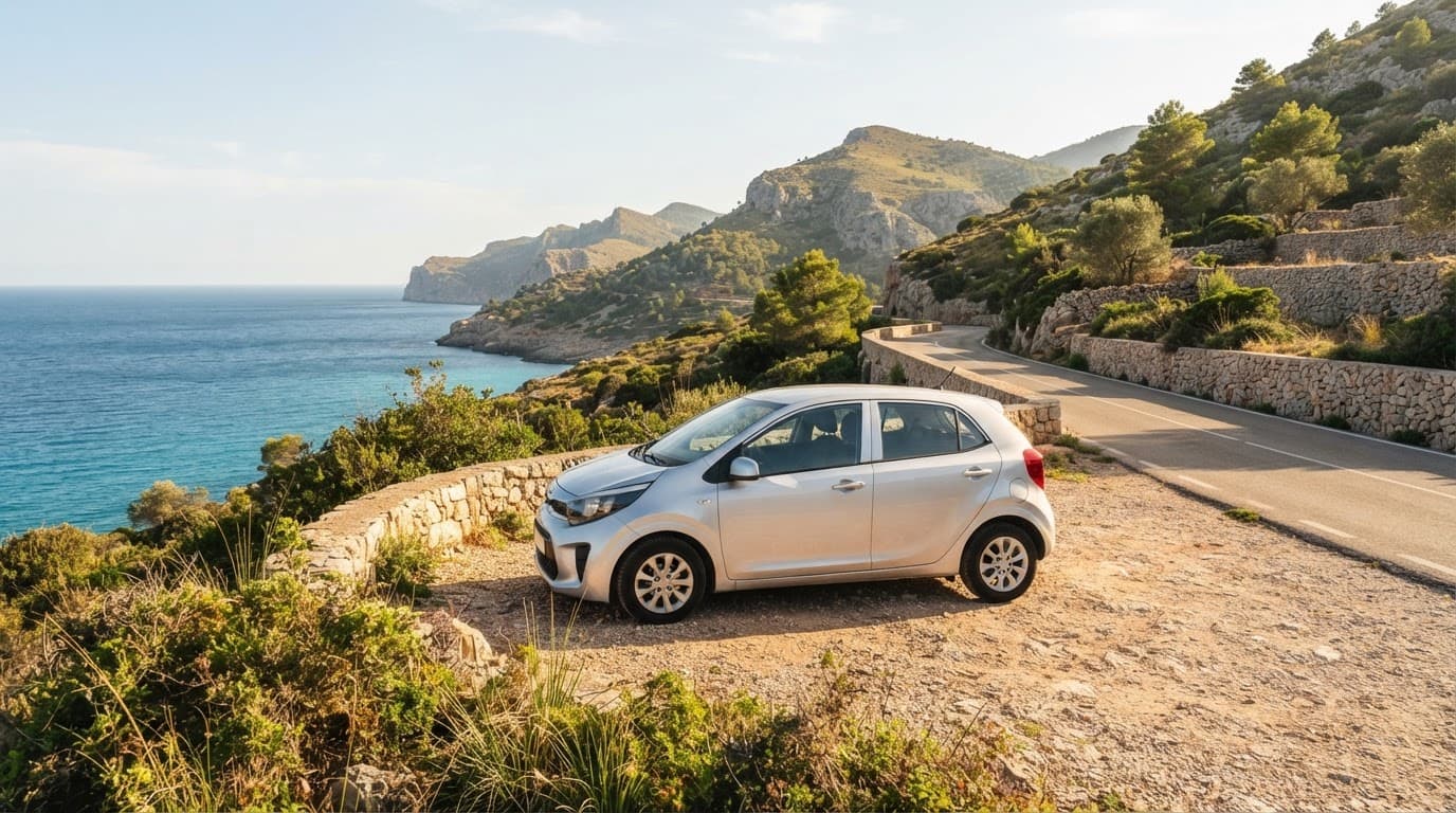 A compact rental car parked beside a sunny Mallorca coastal road.