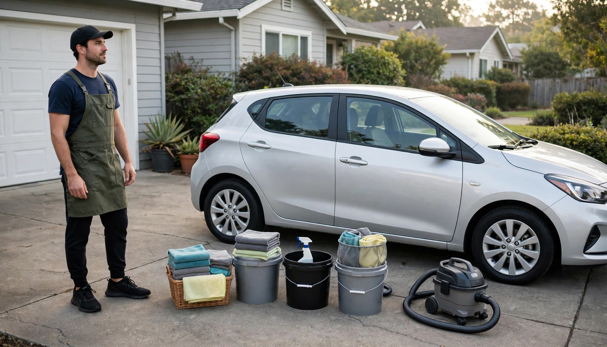 A business owner prepares car cleaning equipment beside a compact car.