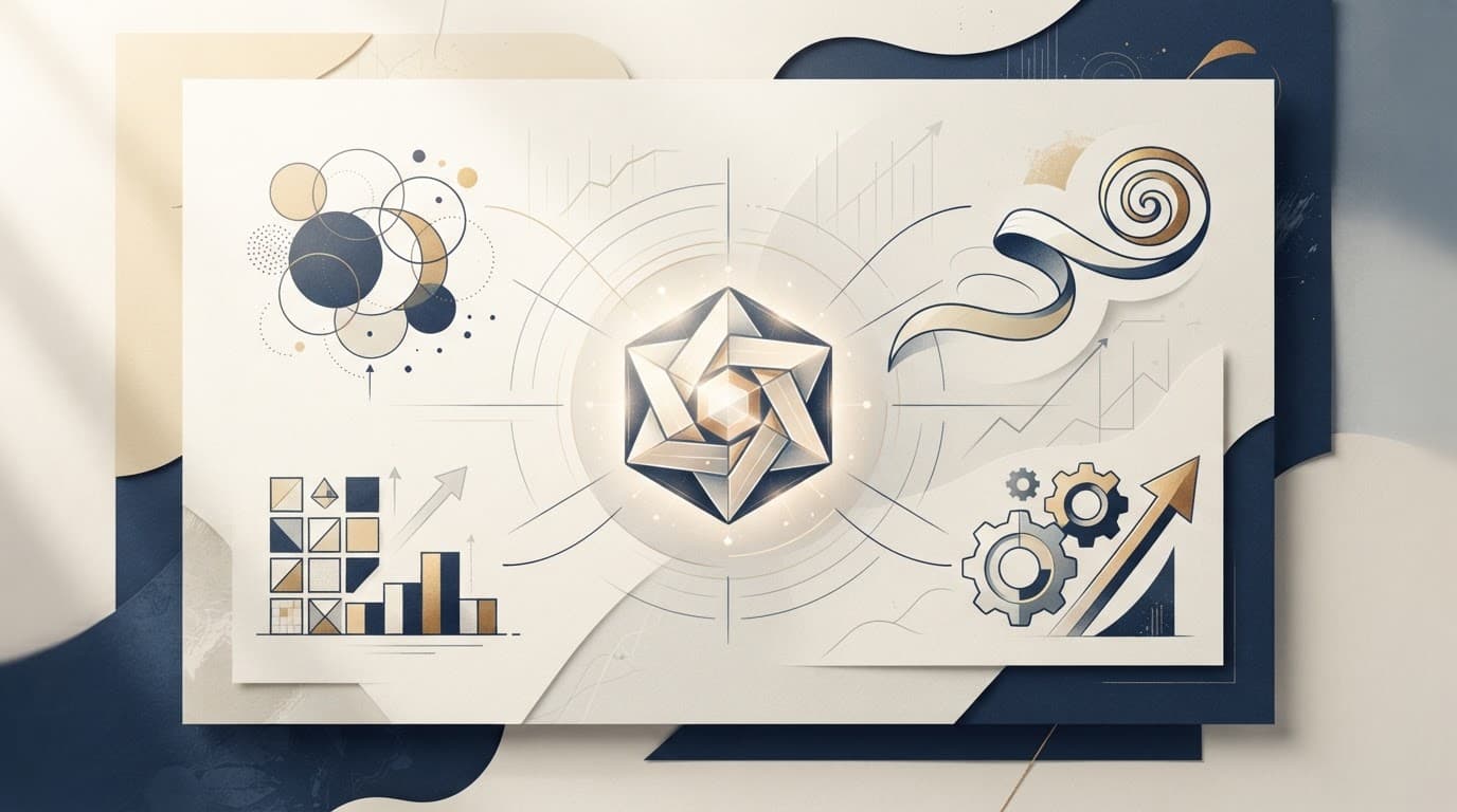 A geometric symbol connects subtle story elements on a cream and navy background.