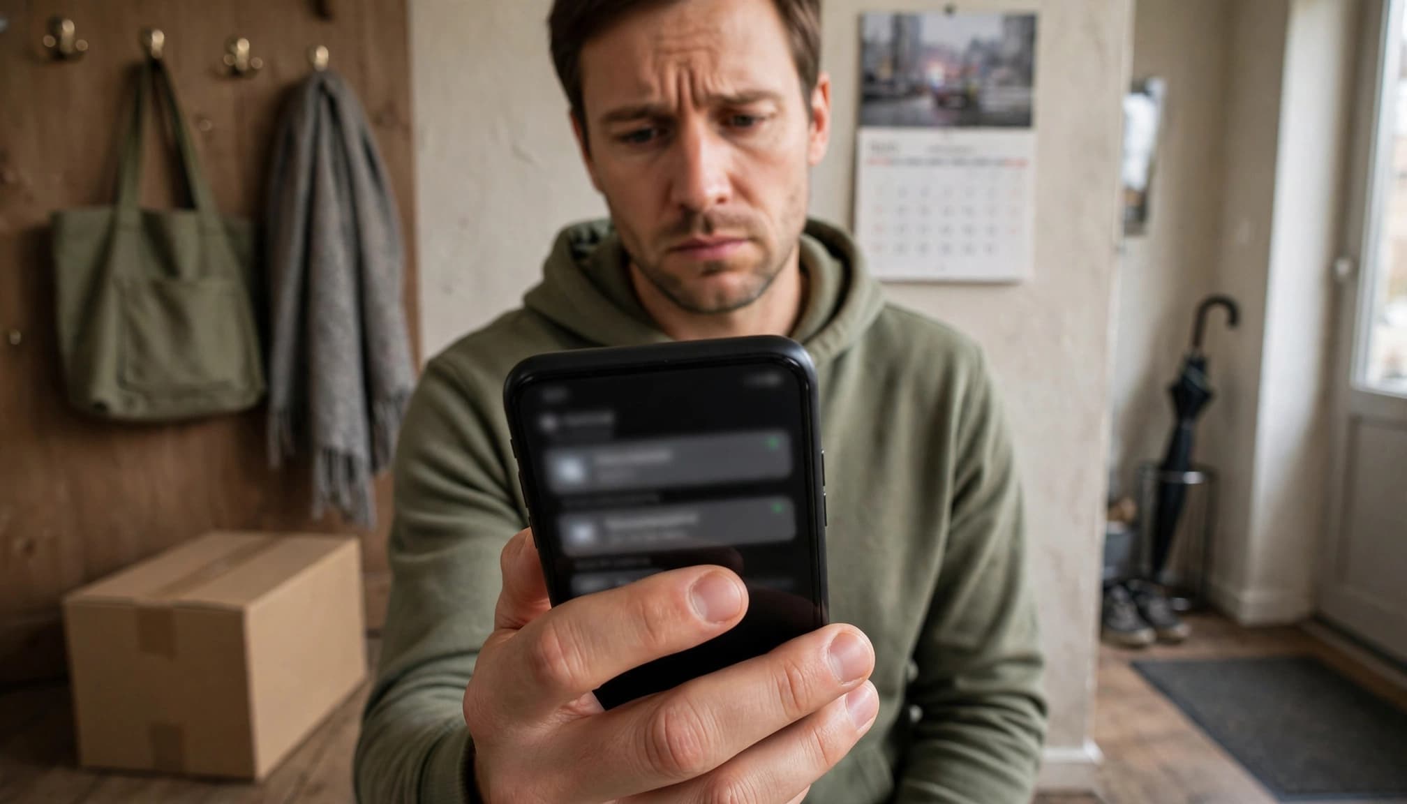 An adult pauses with a smartphone beside an unopened delivery box.