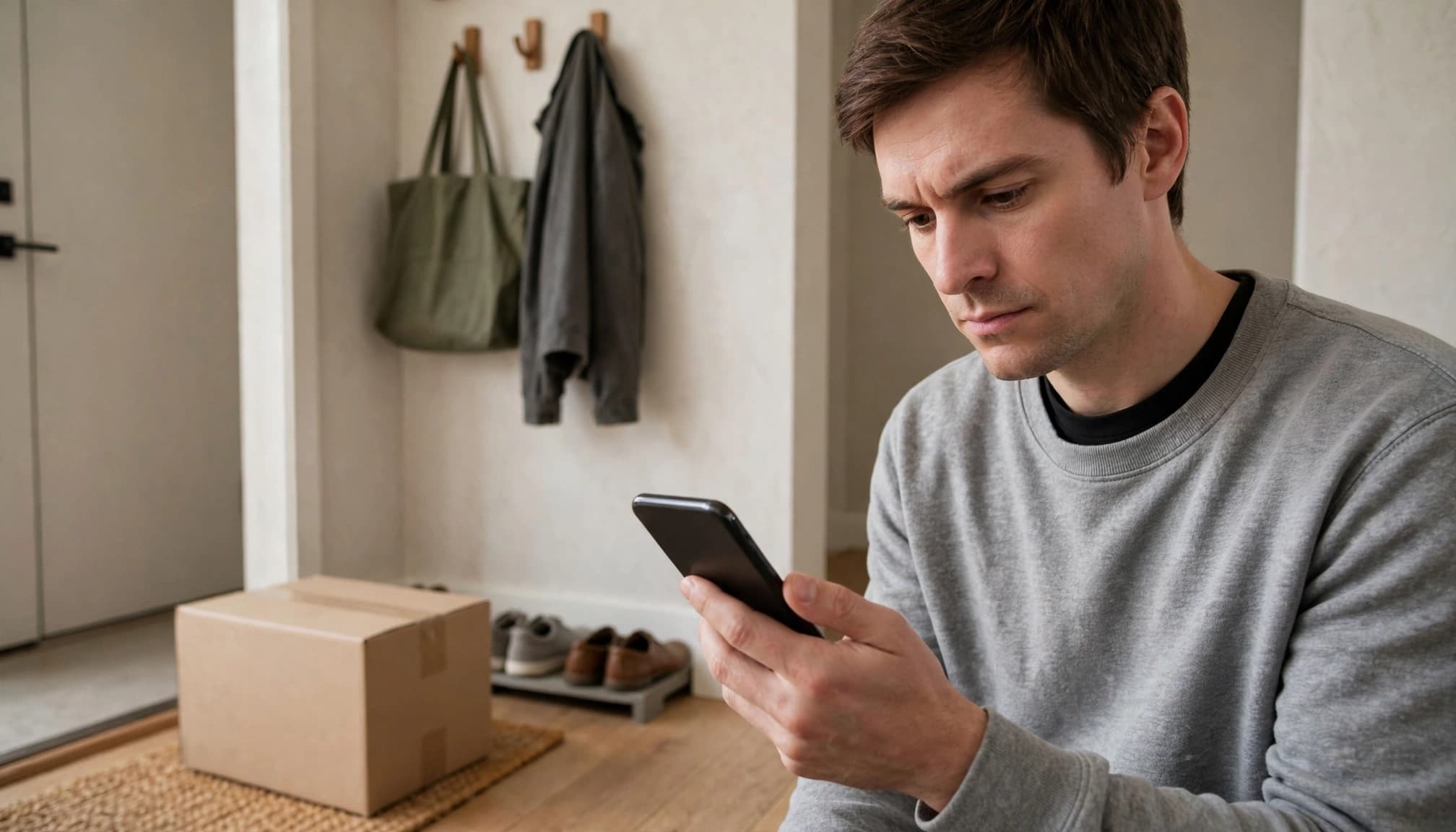 An adult pauses with a turned-away phone beside an unopened package.