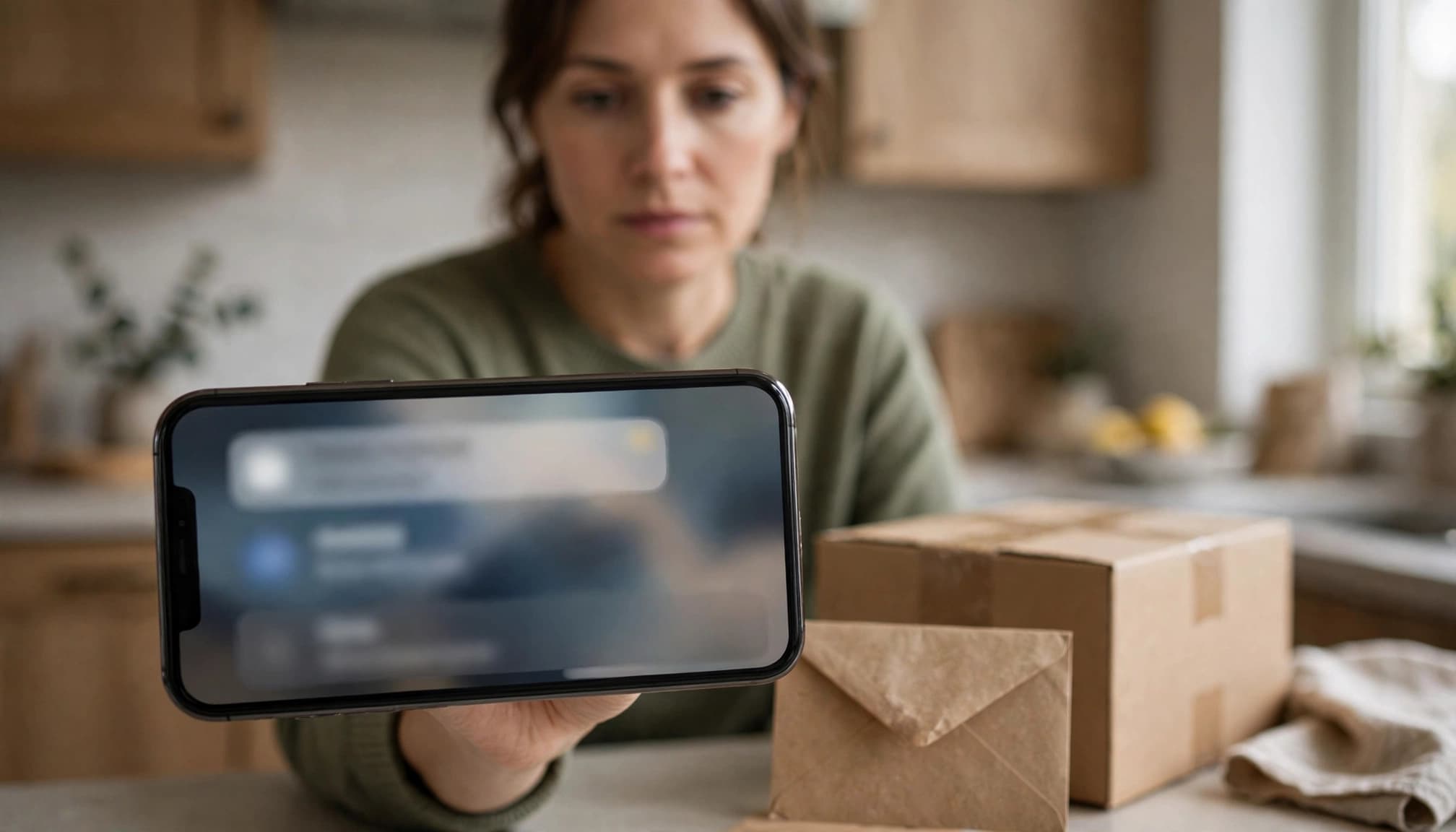 A concerned person holds a phone near an unopened package and overdue envelope.