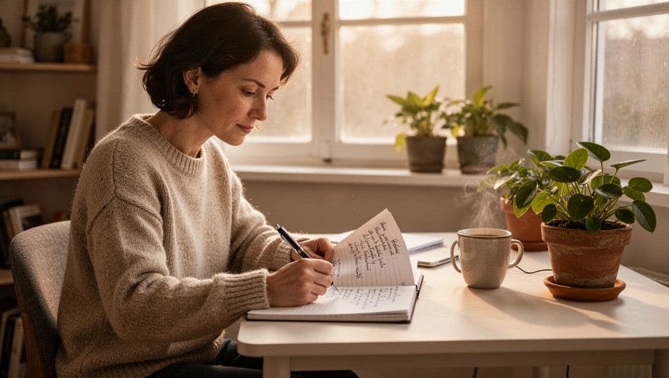A single person sits calmly at a simple desk in a cozy home office, reviewing handwritten notes with a notebook and pen in hand, a coffee mug and plant nearby, illuminated by soft morning light through the window, in a realistic photograph style with warm tones.