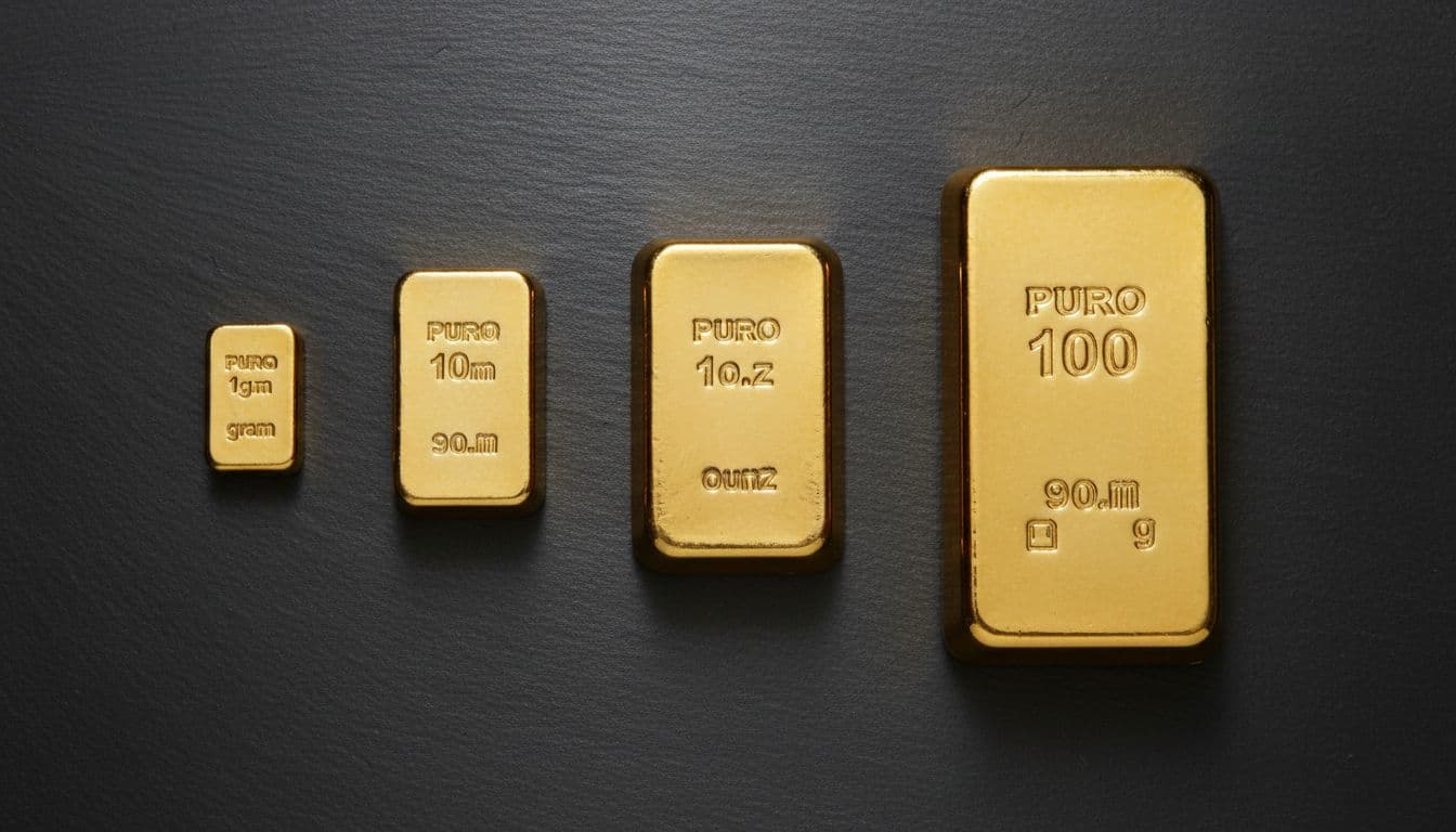 Top-down view of four gold bars—1 gram, 10 gram, 1 ounce, and 100 gram—arranged on a smooth dark surface, showcasing metallic textures and subtle reflections in realistic product photography.