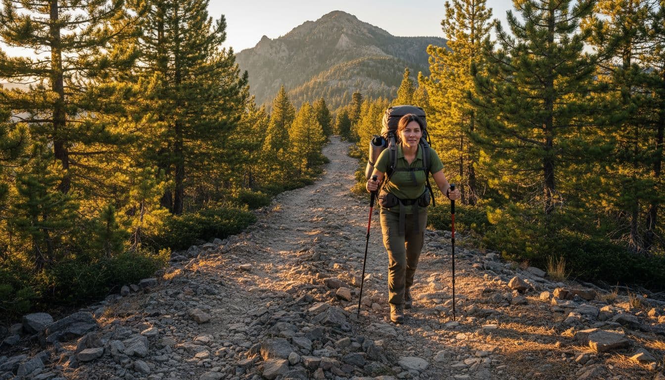 A lone hiker mid-stride upward on a rocky mountain trail surrounded by pine trees, with golden hour sunlight filtering through branches toward a distant summit, symbolizing consistent progress.