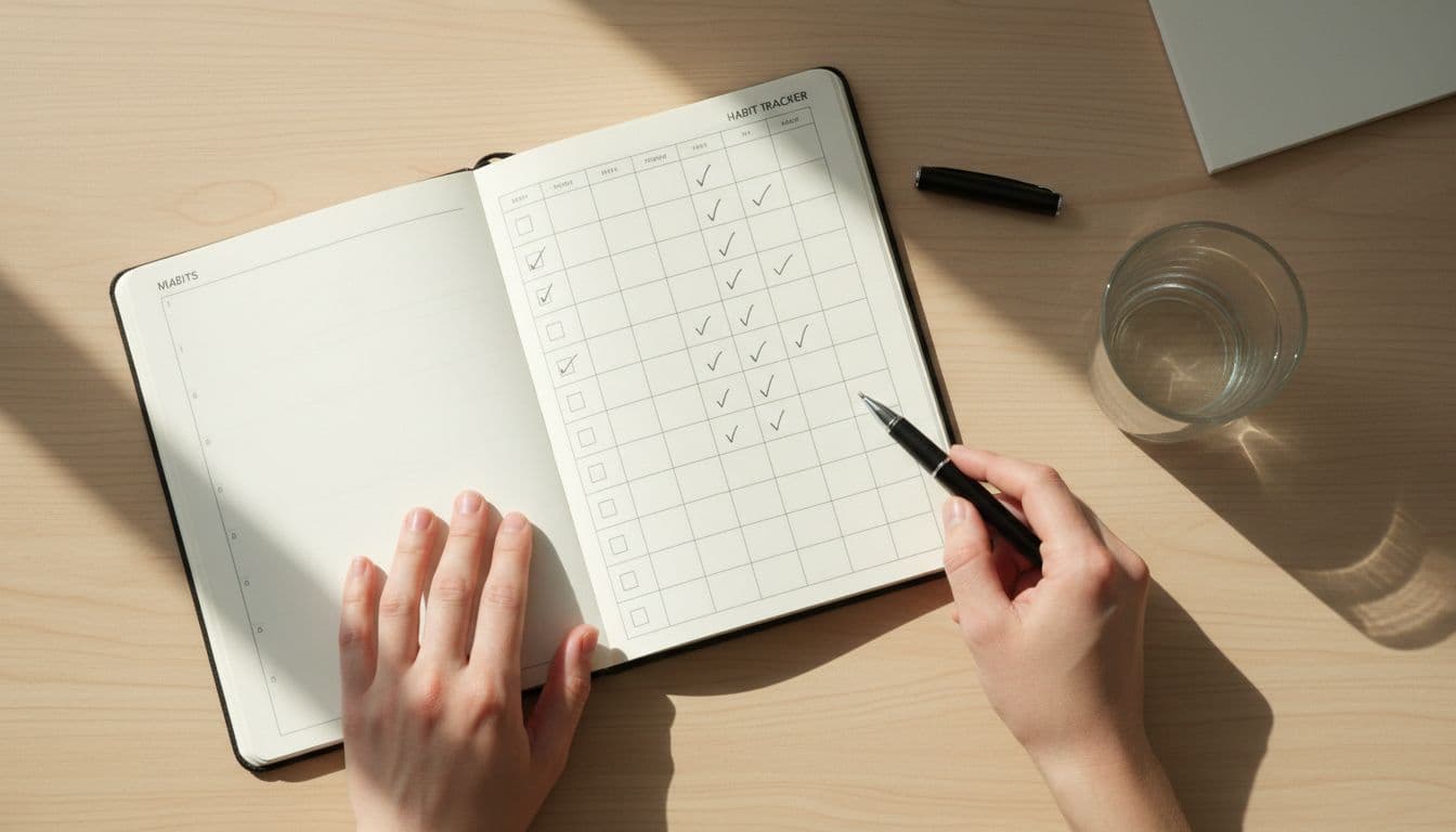Top-down view of a wooden desk surface featuring an open simple planner with pen-marked checkmarks on a habit grid, a relaxed pen held by partially visible hands, small glass of water, and notepad edge under soft natural light.