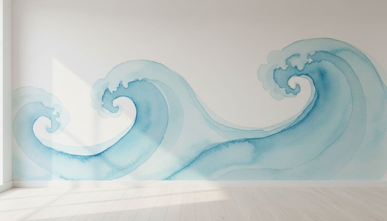 Soft waves of calm blue and gentle gray build tension in a serene minimalist room, captured in watercolor style with diffused natural lighting and close-up composition.