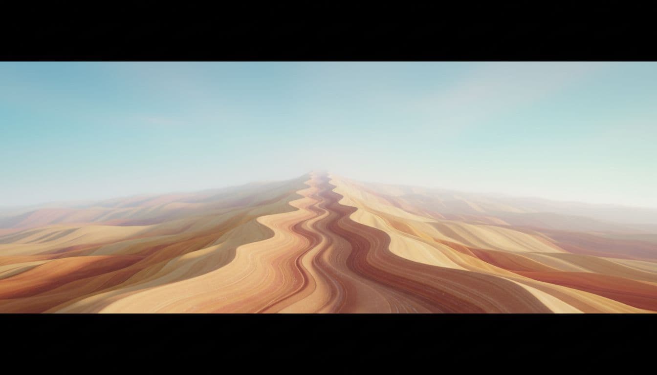 Gentle abstract upward curving path in warm earth tones fading to light sky blue, smooth gradient landscape, horizon view composition, soft morning light, ethereal style, no people no text no signs, exactly zero humans or figures.