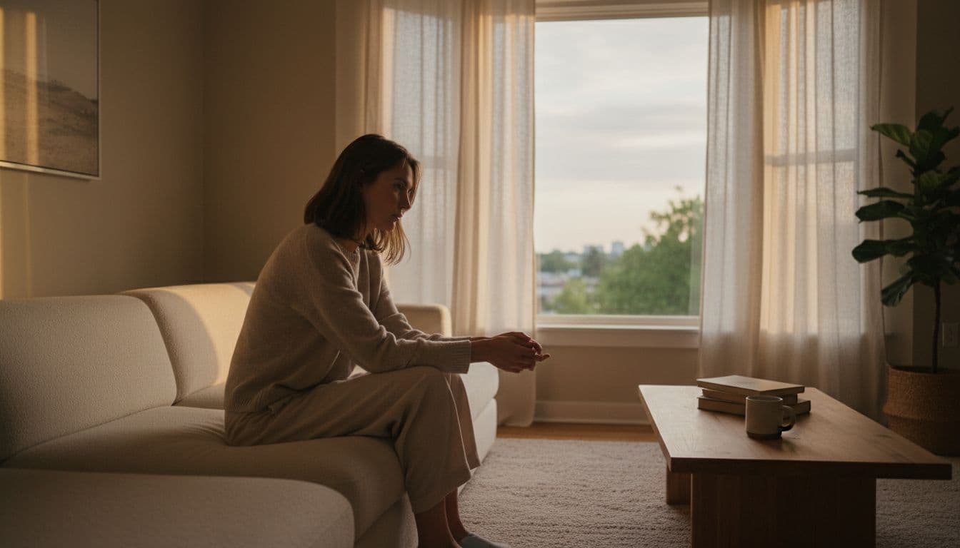 A single person sits alone on a cozy couch in a softly lit living room, gazing blankly out the window with slumped shoulders, evoking quiet emotional numbness.