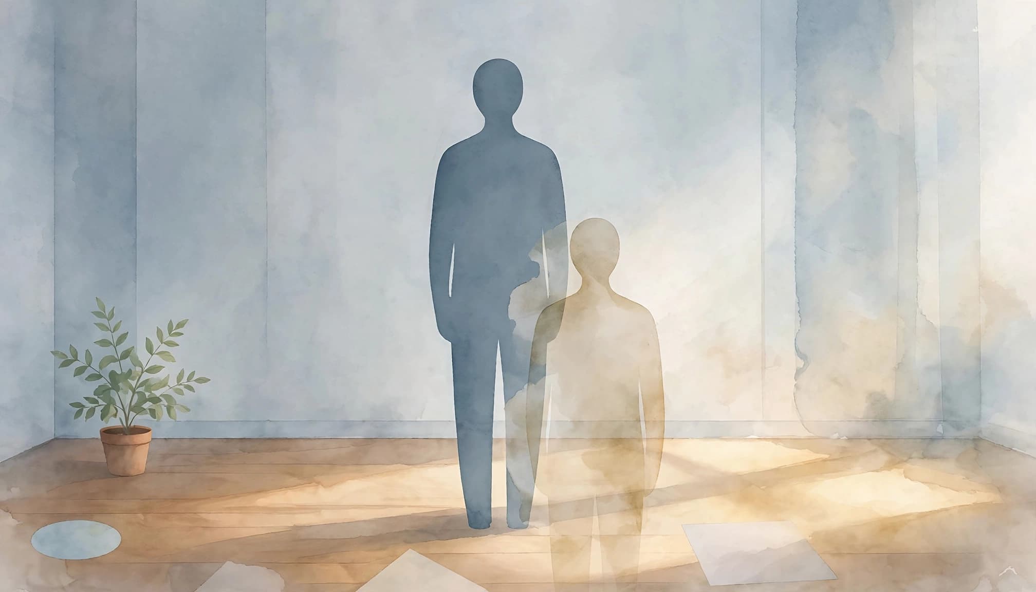 A blue silhouette with a translucent offset beside a plant in warm sunlight.