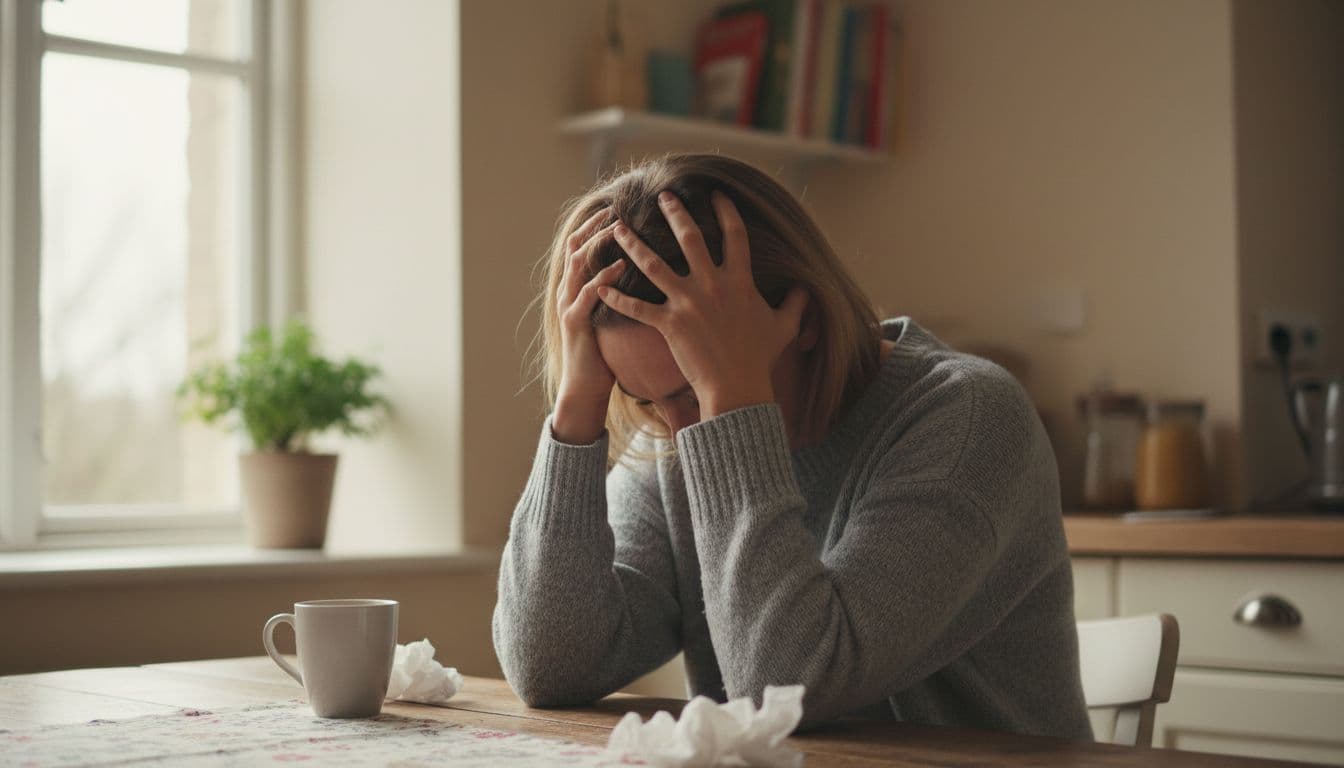 A woman in her 30s looks anxious and withdrawn at a kitchen table with head in hands, soft natural daylight from window, showing emotional distress from silent treatment.