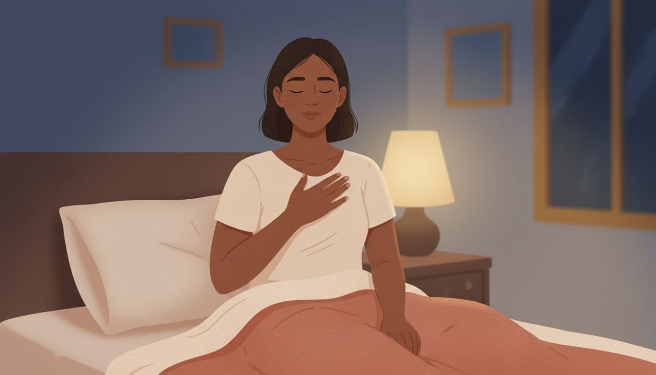 A gender-neutral person with diverse skin tone sits upright in a dimly lit bedroom at night, hand gently on chest practicing slow breathing grounding technique. Soft gradients of blue and beige with a comfortable blanket evoke a serene, centered mood.